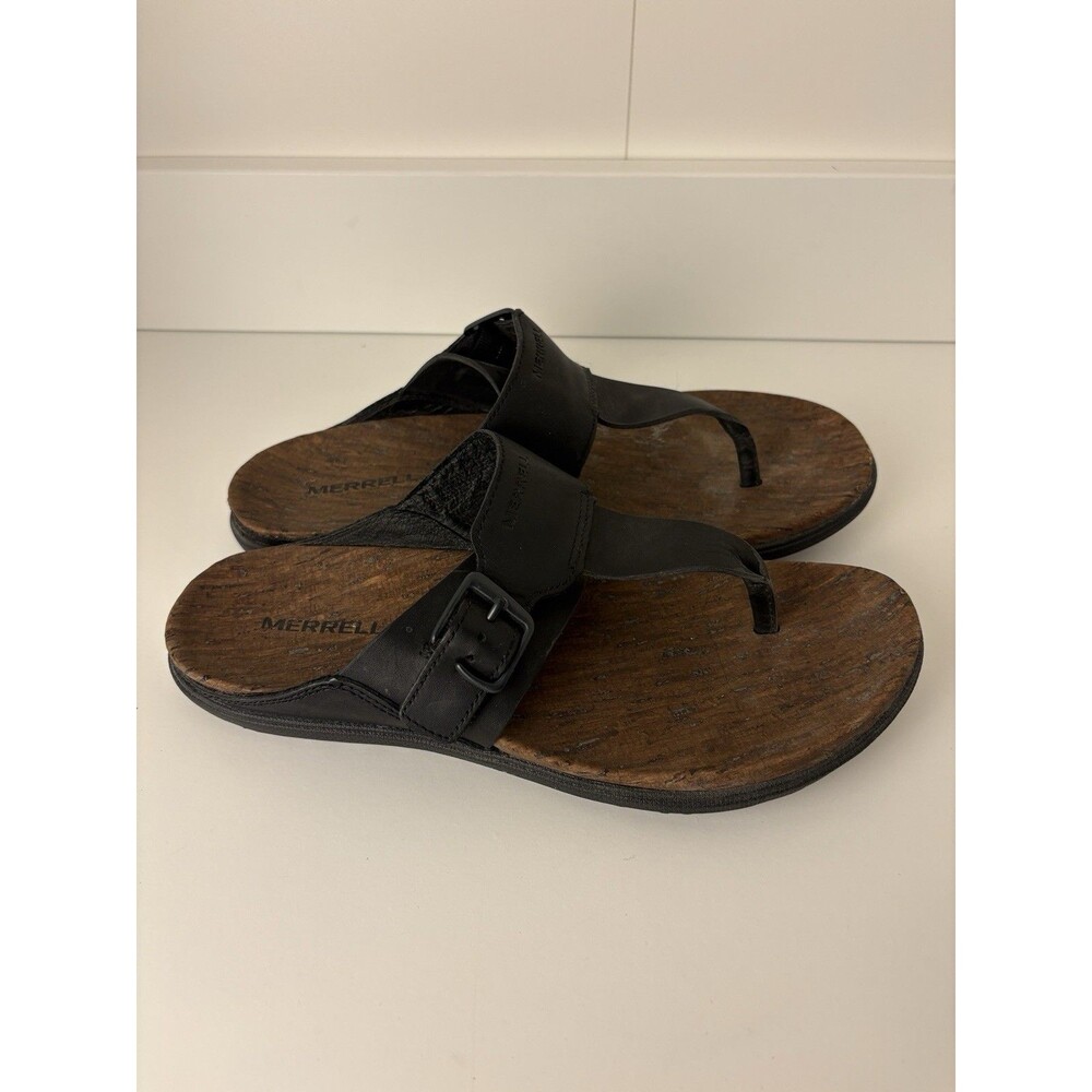 Merrill Black Leather Thing Sandals Flat Comfort Women Size 9 Travel Classic